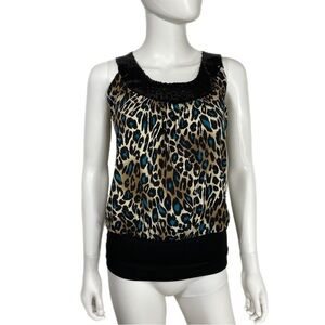 Candy Rain Turquoise Leonard Print Sequin Collar Sleeveless Blouse